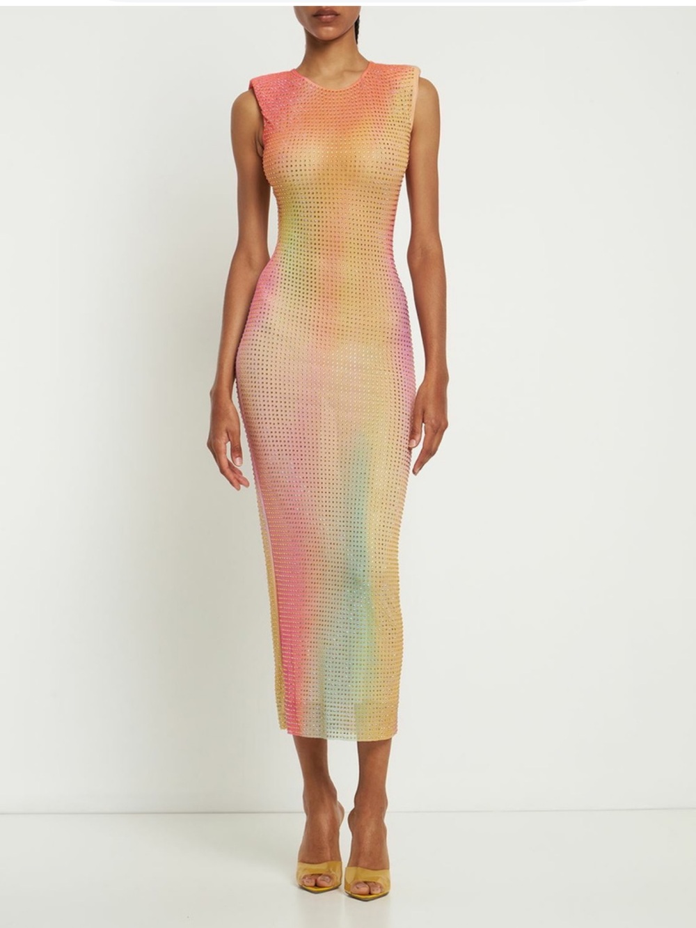 Self Portrait multicolor printed mesh rhinestone midi dress